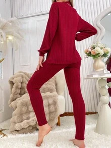 SHEIN 酒红色纯色针织立领上衣和打底裤休闲睡衣套装，女士酒红色家居服两件套，女士长袖家居服套装，舒适保暖，秋冬服装 - 酒紅色 - 查看 2