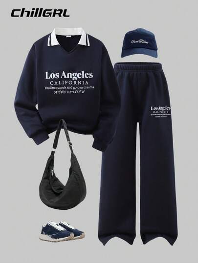 SHEIN Conjunto de moletom e calça de manga comprida com estampa simples plus size para meninas