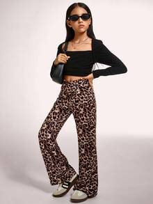 Radiana Tween 女童休闲优雅针织豹纹交叉腰紧身喇叭裤，返校季时尚街头服饰 - 卡其色 - 查看 6