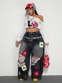 ROMWE Street Life Spring/Summer Y2K Casual Street Style Embroidered Pocket Design Dual Waistband Plus Size Loose Fit Denim Jeans - Black - View 6