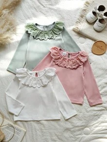 Vintaside Kids Babygirl Infant/Baby Girl Spring/Autumn Multi-Piece Round Neck Long Sleeve Simple Casual Versatile Top, Suitable For Daily Wear Such As Home Leisure, Outing, Camping, Etc. - Multicolor - View 1
