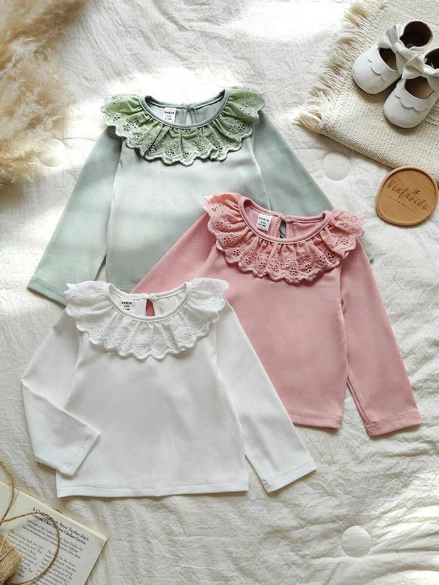Vintaside Kids Babygirl Infant/Baby Girl Spring/Autumn Multi-Piece Round Neck Long Sleeve Simple Casual Versatile Top, Suitable For Daily Wear Such As Home Leisure, Outing, Camping, Etc. - Multicolor - View 1