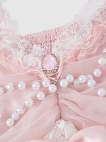 ROMWE Kawaii Women's Vintage Palace Style Lace Trim Bow Pearl Chain Layered Ruffle Hem Princess Dress - Pink - View 2