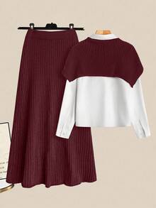 GlowEve Set de 2 suéteres casuales de punto acanalado de unicolor de moda para mujer - Rosa Roja - Ver 2
