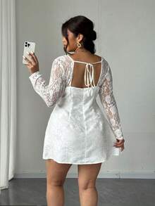 SHEIN CURVE+ Đầm ren tương phản tay dài cổ thiên nga thanh lịch cho nữ cỡ lớn - trắng - Xem 2