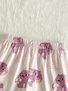 2件套少女可爱卡通垂耳蓝兔印花长袖上衣和裤子舒适休闲睡衣套装 - 淡紫色 - 查看 7