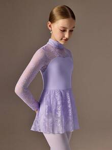 SHEIN 青少年女孩运动紧身衣，适合芭蕾舞、返校、校园健身、训练、比赛、休闲穿着。时尚弹力网眼长袖设计，舒适有弹性的舞蹈运动服