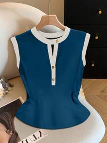 GlowEve 女式撞色圆领镂空设计纽扣休闲背心 - 藍色 - 查看 4