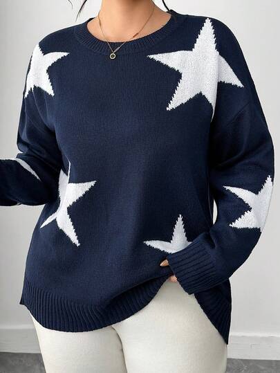 EMERY ROSE Comfortable Plus Size Knitted Round Neck Sweater Navy Blue With White Star Random Print Long Drop Shoulder Sleeves Women Sweaters Women Sweater Navy Blue Sweater Star Sweater Star Print Sweater