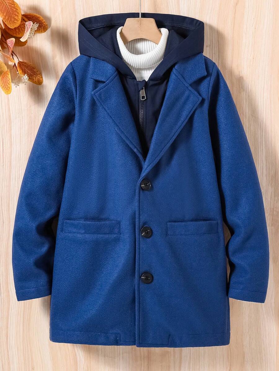 Tween Boys' Solid Color Minimalist Button-Up Long Sleeve Hooded Coat - Navy Blue - View 1
