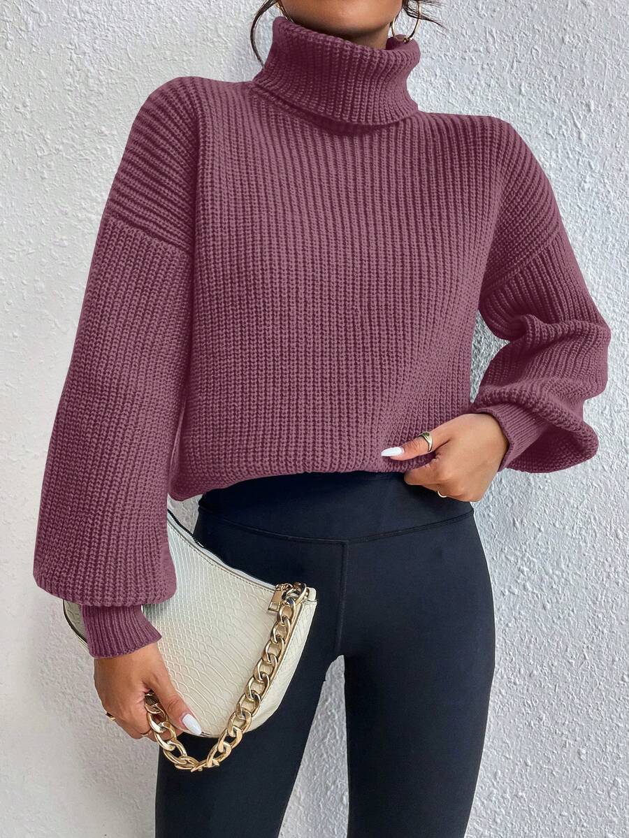 Celisse Women's Solid Color High Neck Drop Shoulder Long Sleeve Casual Sweater, Autumn/Winter - Purple - View 1