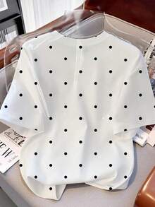 Resyla Camiseta feminina casual com estampa de bolinhas e gola redonda