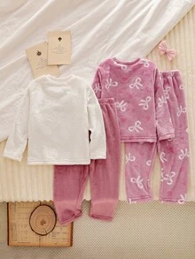 4pcs/Set Girls Minimalist Fashion Pink Series Cloud & Heart Pattern Long Pants, Long Sleeve Casual Comfortable Fleece Pajamas Set - Pink - View 2