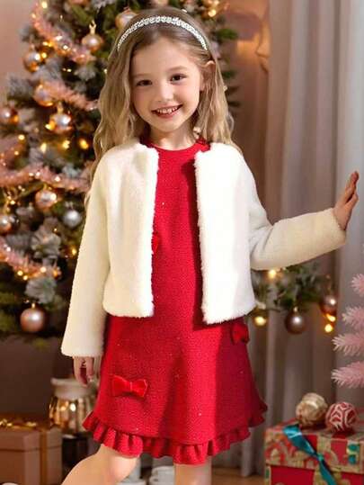 Elladie kids 2 件套幼儿女童秋冬新款时尚服装，圆领无袖连衣裙和短裤，蓬松白色夹克，优雅时尚的韩式设计，适合派对、生日