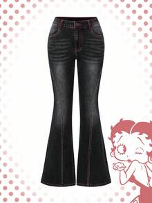 Betty Boop | ROMWE Y2K Babe Cartoon Figure & Motorcycle Embroidery Flare Jeans - Black - View 2
