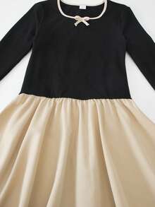 少女单件式方领蝴蝶结装饰撞色喇叭袖中长款加厚牛奶丝双面磨毛连衣裙，适合日常穿着、生日、派对等各种场合，适合13-16岁女孩，秋冬季款式。 - 黑色 - 查看 8