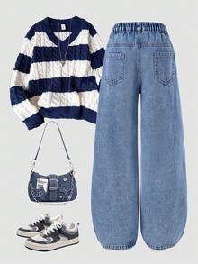 SHEIN Explorewe Quần jeans denim rách ống đứng, dáng rộng, giặt cơ bản cho bé gái tuổi teen + Quần denim rách màu xanh nhạt, cạp chun cơ bản, phù hợp với mọi mùa, chất liệu vải thoải mái - Rửa nhẹ - Xem 2
