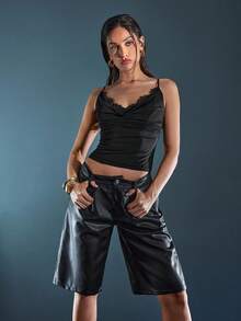 Denimoi Faux Leather Jorts Fall And Winter Fashion GNO Date Night Going Out Styles Fashionable - Black - View 5