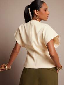 Vixey Solid Textured Woven Asymmetrical Hem Single Button Waistcoat Top