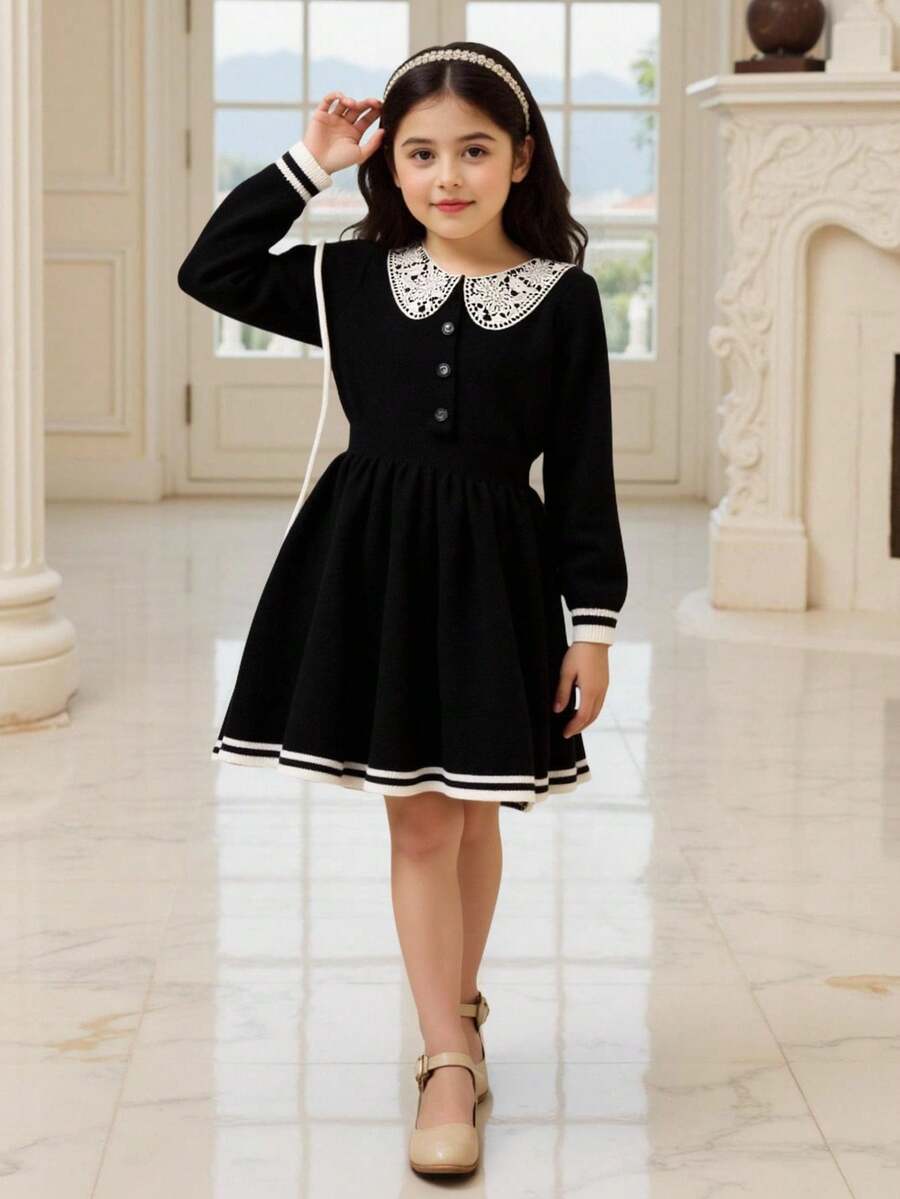 SHEIN 少女休闲时尚百搭针织蕾丝花边腰部拼布长袖连衣裙 - 黑色 - 查看 1