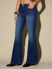 ROMWE Avant 女士复古亚文化圣母玛利亚骷髅翅膀老虎刺绣修身低腰喇叭牛仔裤 - 藍色 - 查看 4