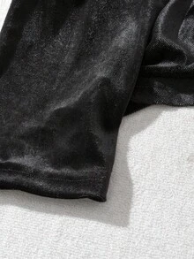 GlowEve 女士纯色时尚V领丝绒系带长袖上衣 - 黑色 - 查看 7