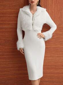 Modelyn 米色二合一皮革拼接长袖收腰修身连衣裙，女士冬季款 - 米色 - 查看 8