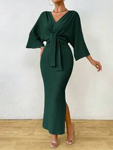 Celisse Elegantes Damen Maxikleid mit einfarbigen Fledermausärmeln, Schlitz und Fischschwanz, für Frühling & Herbst - Dunkelgrün - Übersicht 4