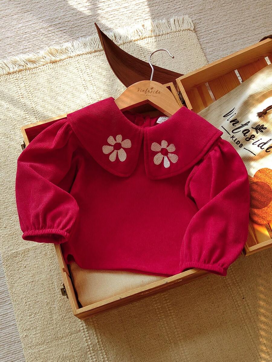 SHEIN Vintaside Kids 1 件幼儿女童舒适休闲韩版翻领 3D 刺绣灯芯绒长袖百搭上衣，适合春秋冬日常穿着 - 紅色 - 查看 1