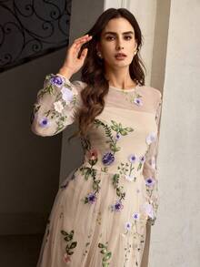 ZEYLAH Đầm dài tay đèn lồng thêu hoa bằng lưới thắt eo cho nữ, phong cách nghỉ dưỡng lãng mạn, mùa xuân/hè/thu - Màu tím hoa cà - Xem 7