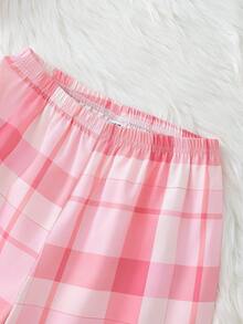 Tween Girls Pajamas-Pajama Set Plaid Pink Lapel Long Sleeve Top Elastic Waist Pants Cute Rabbit Embroidery Comfortable Loungewear Four Season Sleepwear 2026 New Year Essential - Pink - View 5