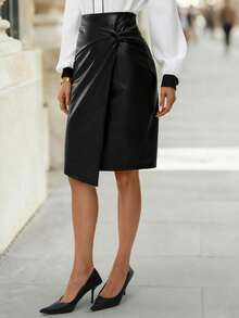 Editum Women's Black PU Knotted Knee-Length Pencil Winter Skirt, Versatile New Year Thanksgiving Party Elegant Luxury - Black - View 7