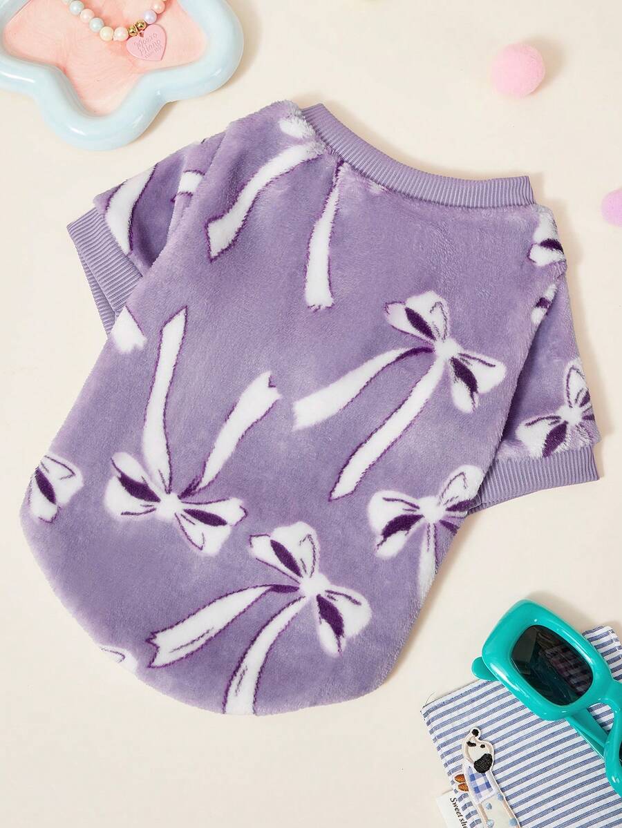 PETSIN 1 Pc Pet Cat Dog Universal Cute Purple Bow Pattern Printed Fashion Plush Warm Elastic Comfortable Dog Round Neck - Mauve Purple - View 1