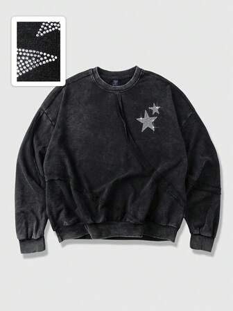 Street Life Felpa casual da uomo con scollo a equipaggio, maniche lunghe, stampa a stelle con strass, adatta per autunno/inverno