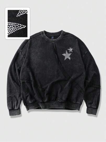 Street Life Sweat-shirt décontracté à col ras-du-cou à manches longues avec imprimé d'étoiles en strass pour hommes, automne/hiver
