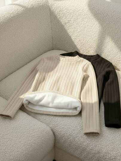 Set de 2 piezas Parte superior de manga larga con cuello alto y forro polar para niñas preadolescentes, versátil y cómoda para deportes y uso diario, en color negro y beige