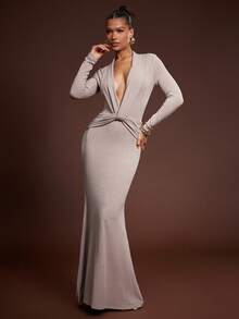 Hauture Women's Casual Elegant Low Front With Ruched Waist Long Sleeves Mermaid Maxi Knit Dress - Khaki - View 4