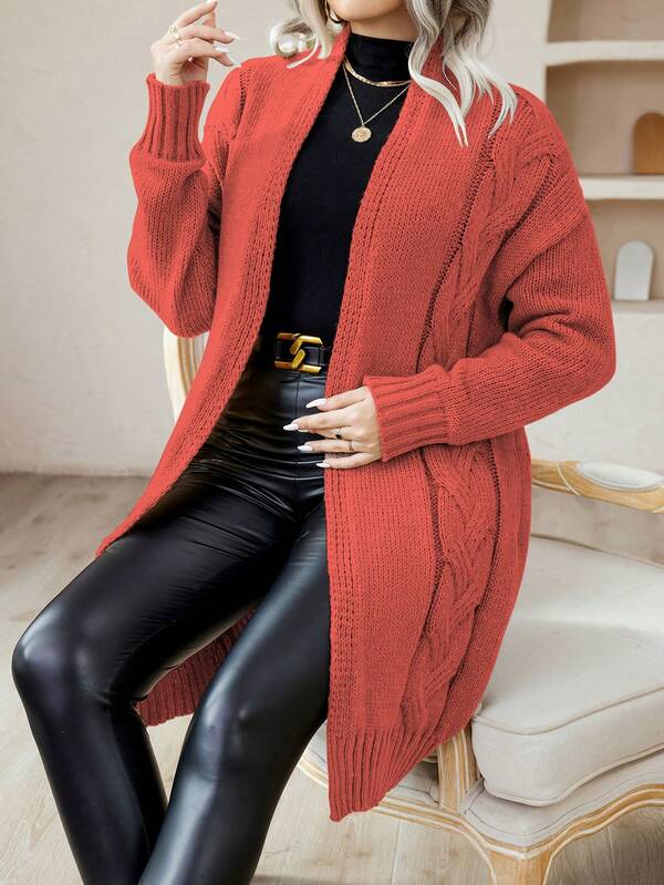 SHEIN LUNE 大码女式落肩长袖扭纹针织休闲开衫，秋冬
