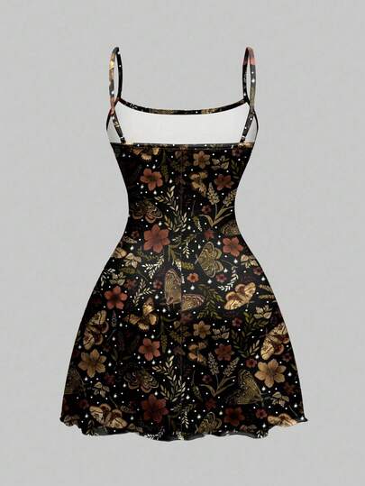Goth Vestido mini de talla grande con estampado completo de mariposa, flor, planta, hoja de arce otoñal, luna y estrella con estilo hippie y lindo