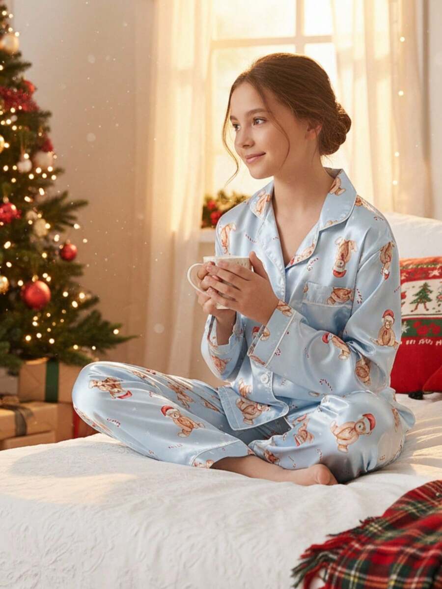 2 件套青少年女孩熊图案长袖领开衫和休闲裤舒适家居服 - 彩色 - 查看 1