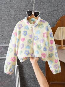 SHEIN 1pc Girls Heart Print Zip-Up Collar Furry Jacket, Casual Outerwear For Autumn/Winter