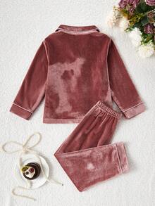 女孩睡衣，柔软韩国羊毛面料，带口袋和心形刺绣，长袖上衣和两件套睡衣套装 - 鏽棕色 - 查看 2