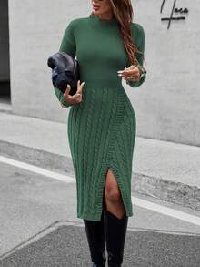 EMERY ROSE Vestido de mujer elegante con cintura ceñida y abertura larga - Verde - Ver 1