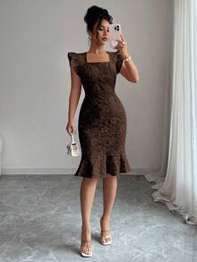 Elenzga Elegant Jacquard Commuter Dress, Summer - Coffee - View 5