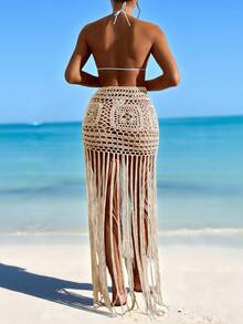 Swim Vcay 1 件女式流蘇鉤針遮蓋裙音樂節 - 杏色 - 查看 3