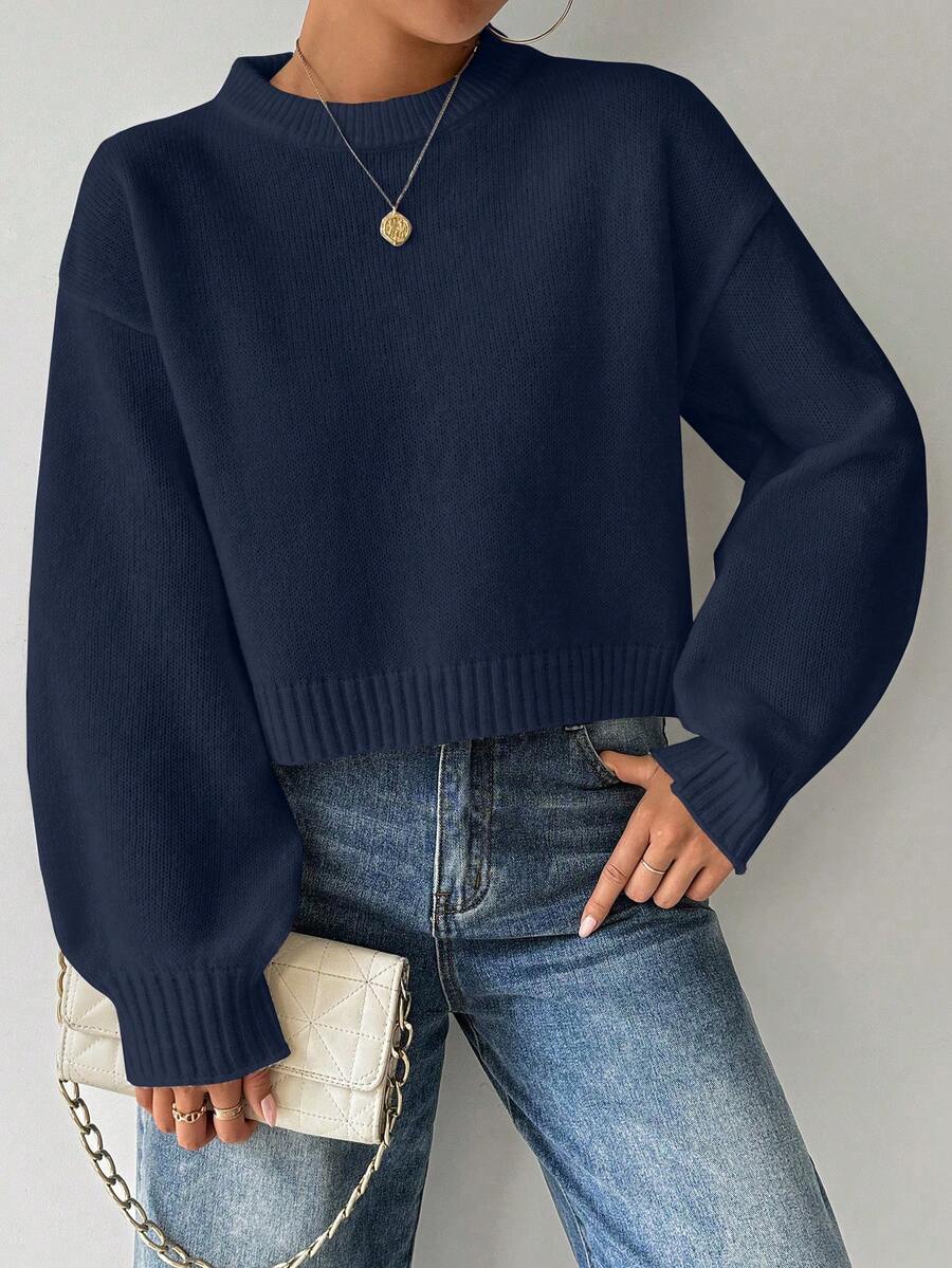 SHEIN LUNE Tropiluxe 女式纯色简约休闲圆领长袖白色毛衣 - Iron Gray - 查看 1