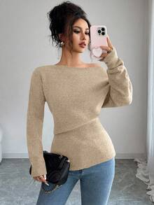 Elenzga Áo len dài tay lệch vai màu trơn thời trang cho nữ, Thu/Đông - Màu be - Xem 6