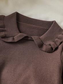 SHEIN 女婴条纹熊针织毛衣和裤子两件套，舒适温暖，适合秋冬季，适合休闲、上学、派对和日常穿着 - 棕色 - 查看 4