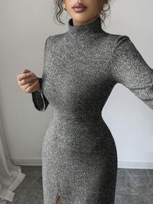 Modelyn 女式高领紧身针织开衩连衣裙，秋冬 - 深灰色 - 查看 4
