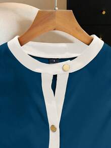 GlowEve 女式撞色圆领镂空设计纽扣休闲背心 - 藍色 - 查看 3